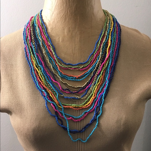 Multi Color Glass Seed & Multi Goldtone Chains Strand Boho Necklace 28" - Picture 9 of 12